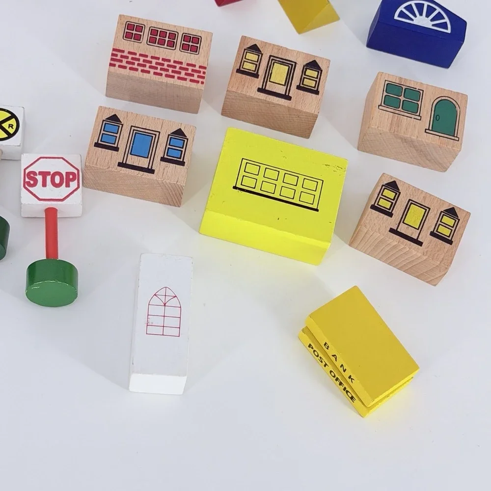 Wooden Railway Train Accessories Lot 45 Pc Figures Signs Buildings Trees